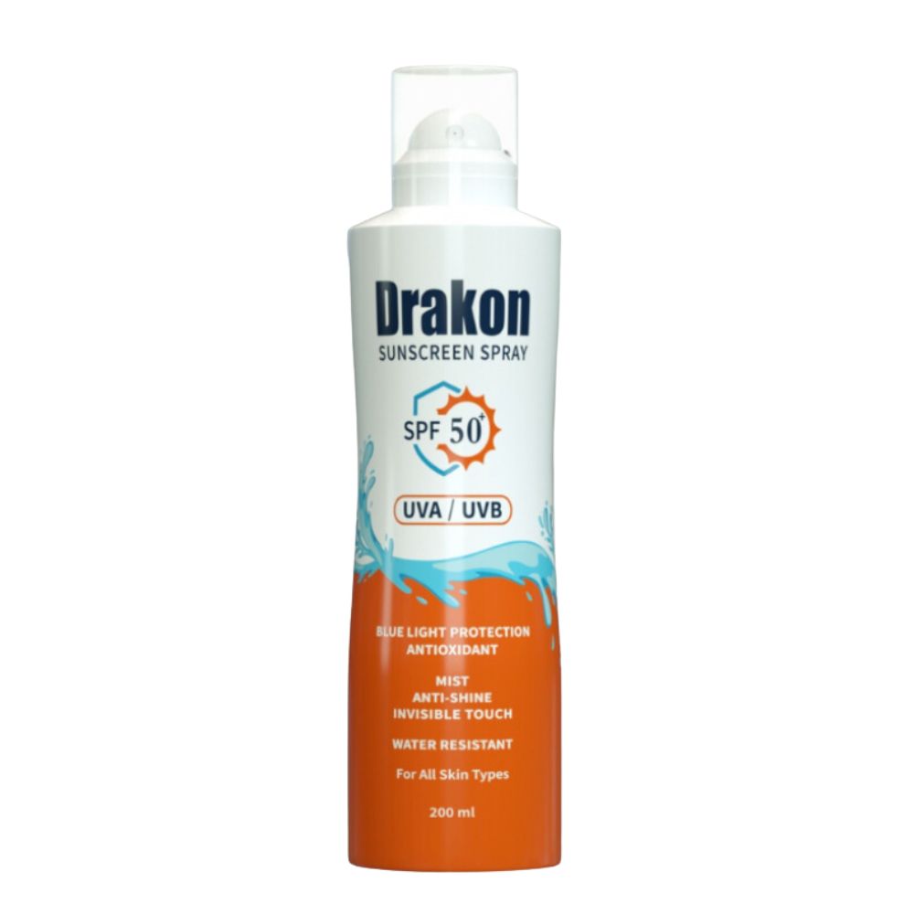 A bottle of Drakon Sunscreen Spray with SPF 50 and UVA/UVB protection, labeled as water-resistant for 80 minutes.
